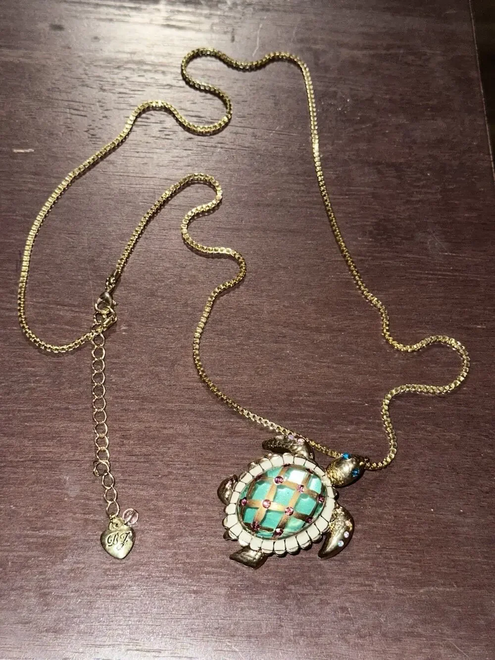vtg BETSEY JOHNSON Turtle pendant Locket necklace Gold Tone Rhinestones